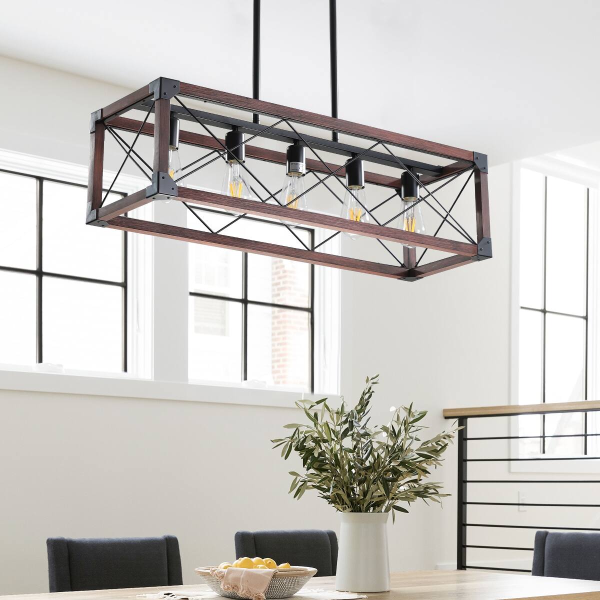 Loheer 32 Inch 5 Light Farmhouse Chandelier, Red Wood Rectangular ...