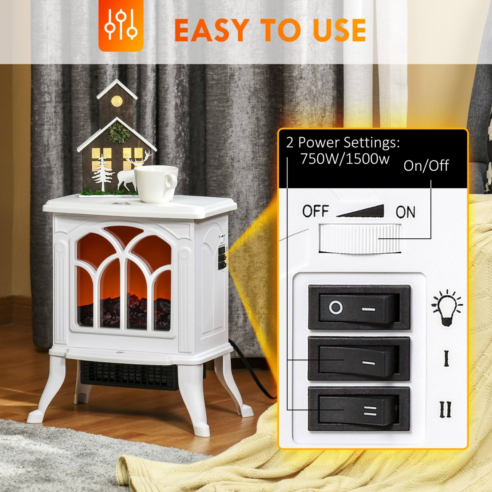 EASY TO USE

2 Power Settings:  
750W/1500W  
On/Off  

OFF  
ON  

I  
II