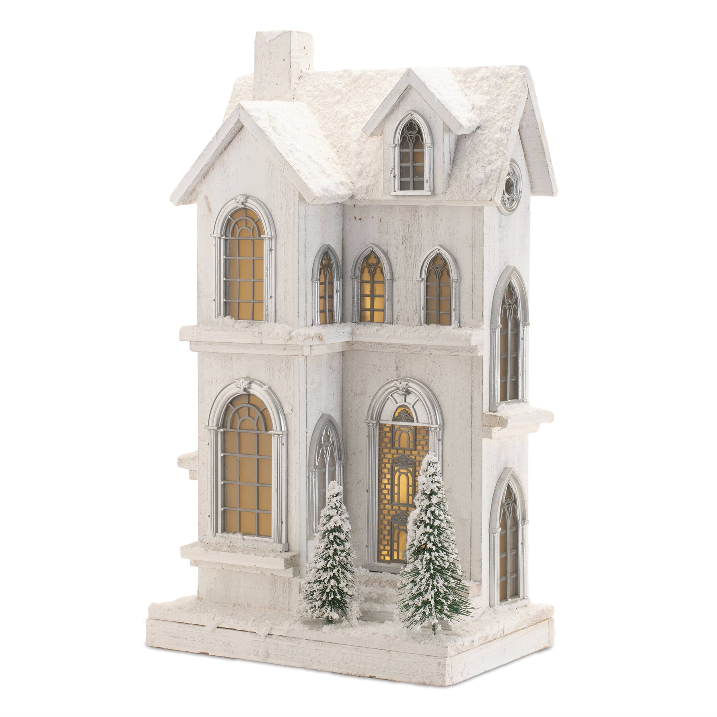 BreeBe - LED Flocked Wooden House 21.5"H - White, Green