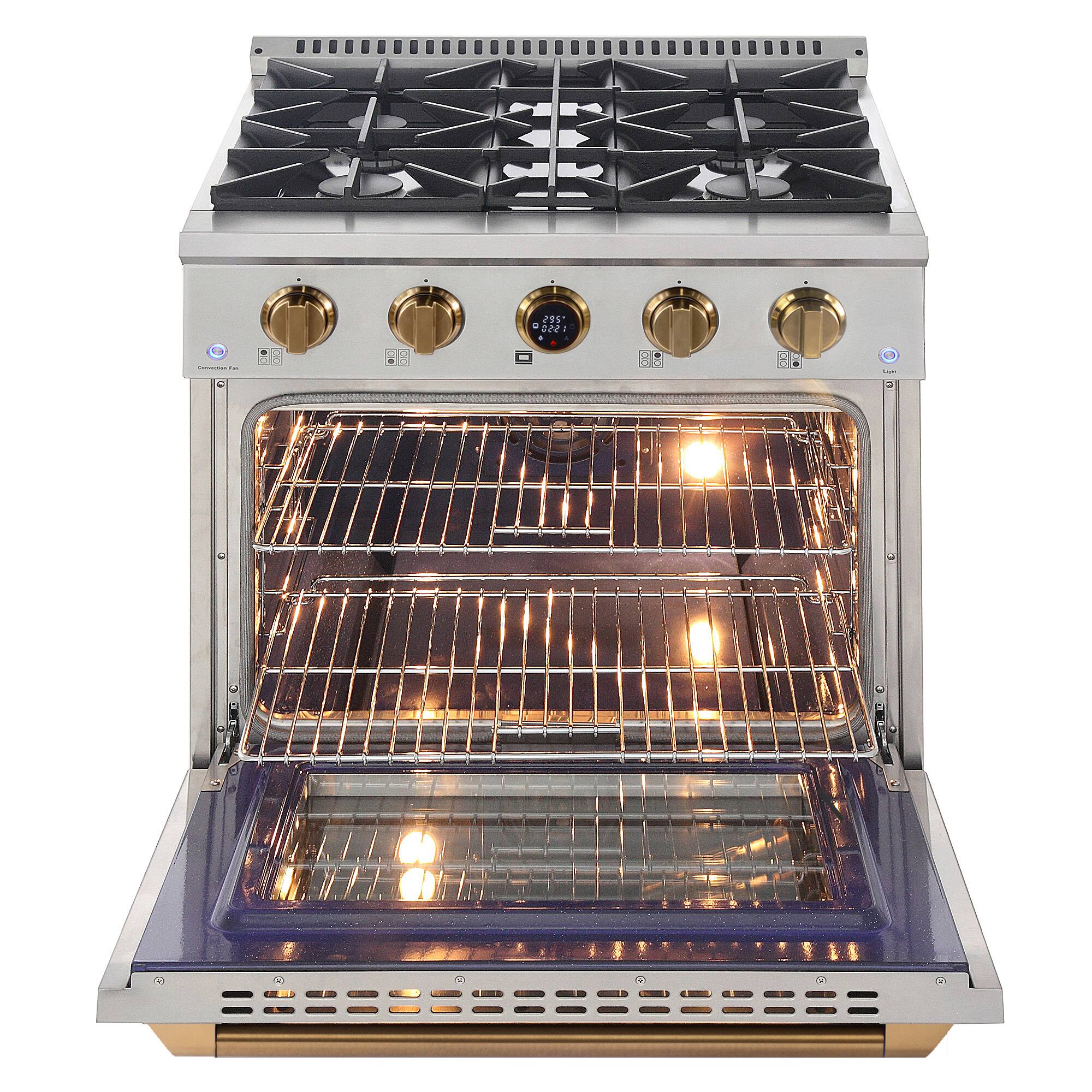 Back. Kucht - 30 in. 4.2 cu. ft. 4 Burners Dual Fuel Range for Propane Gas in Stainless Steel and Gold + Under Cabinet Range Hood - Stainless Steel with Gold Accents.