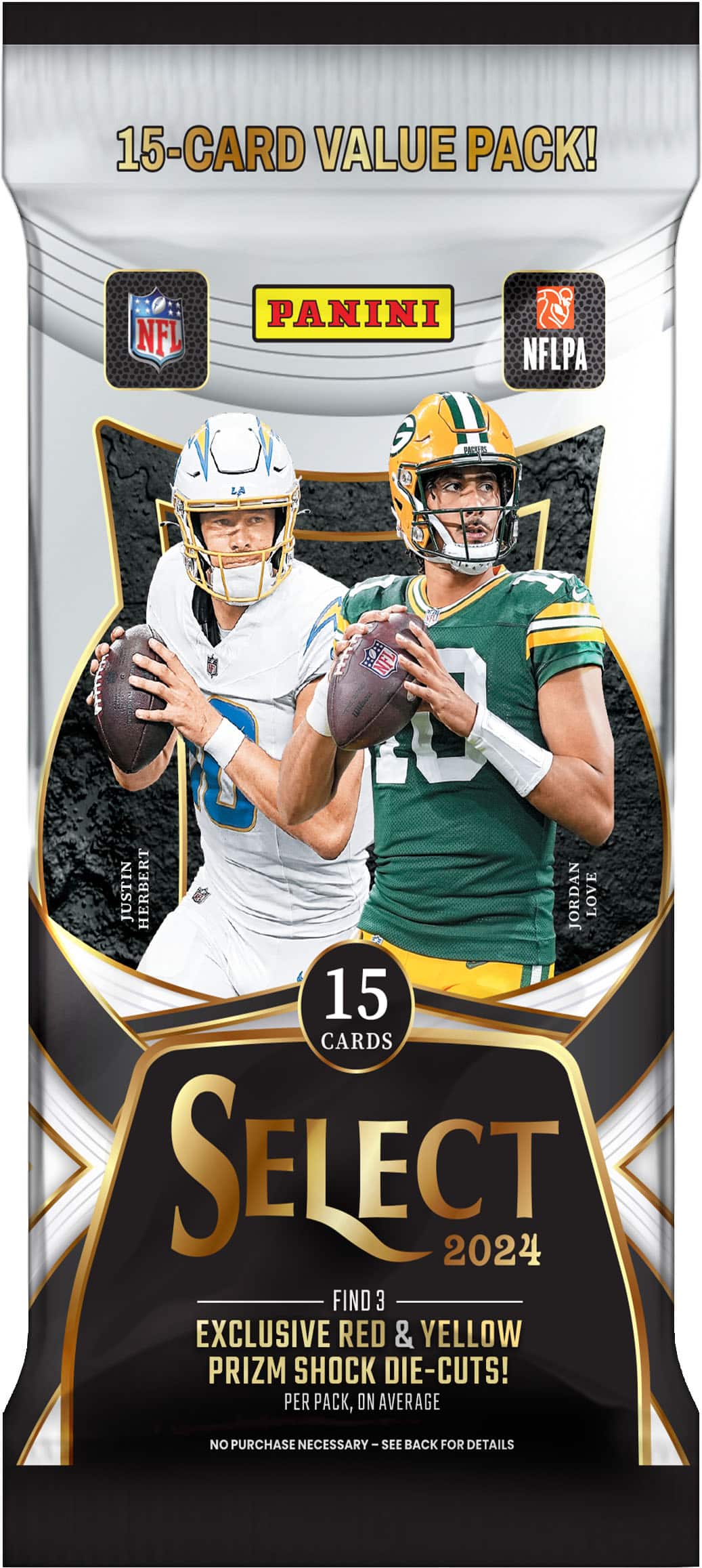 15-Card Value Pack! NFL Panini NFLPA 1 LA 7 O NFL D Justin Herbert Jordan Love 15 Cards Select 2024 Find 3 Exclusive Red & Yellow Prizm Shock Die-Cuts! Per Pack, on Average No Purchase Necessary-See Back for Details.