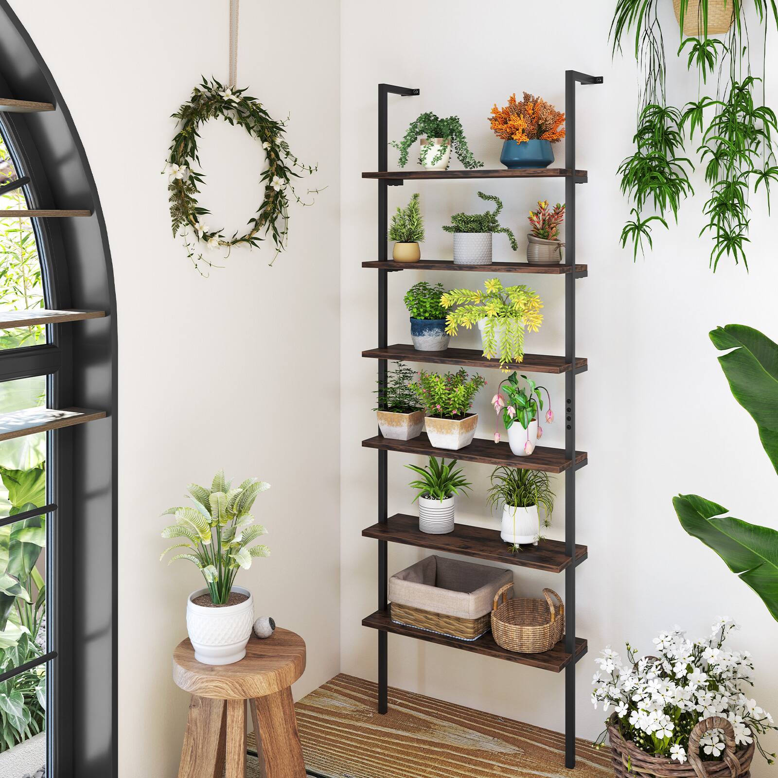 Alt View 3. Gymax - Gymax 5 Tier Ladder Shelf 71'' Height Wall-Mounted Bookshelf Display Storage Organizer - Brown.