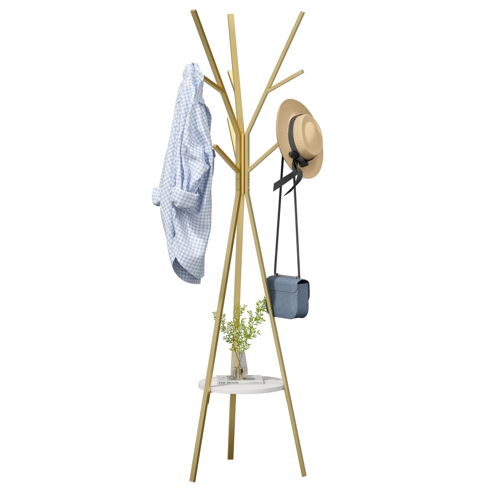 HM 1810 - Coat Rack Hat Stand Free Standing Display Hall Tree Metal Hanger Garment Storage Holder With For Clothes Hats - Gold
