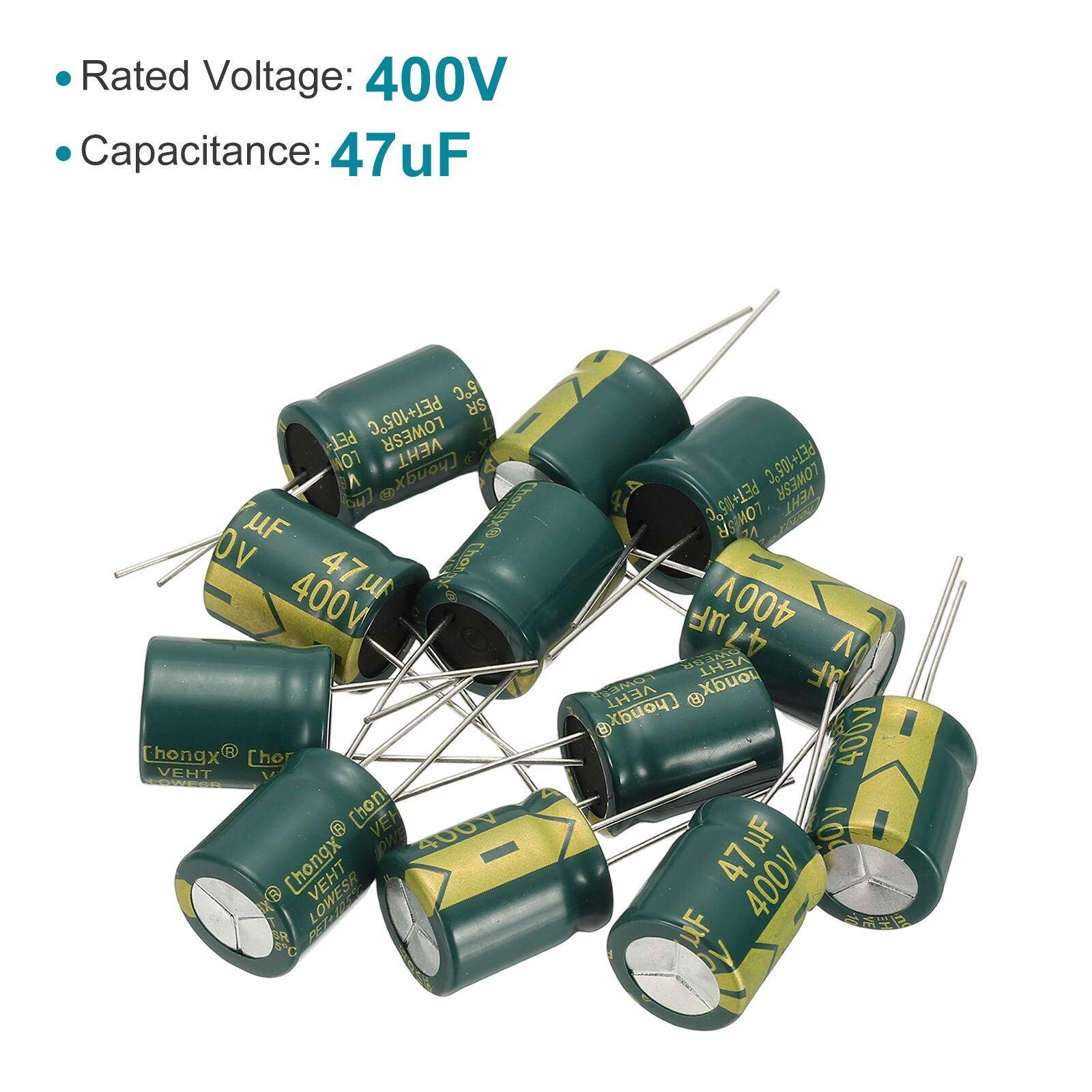 Rated Voltage: 400V  
Capacitance: 47uF  

Chongx  
VEHT  
LOWESR  
PET+105C  
400V  
47uF