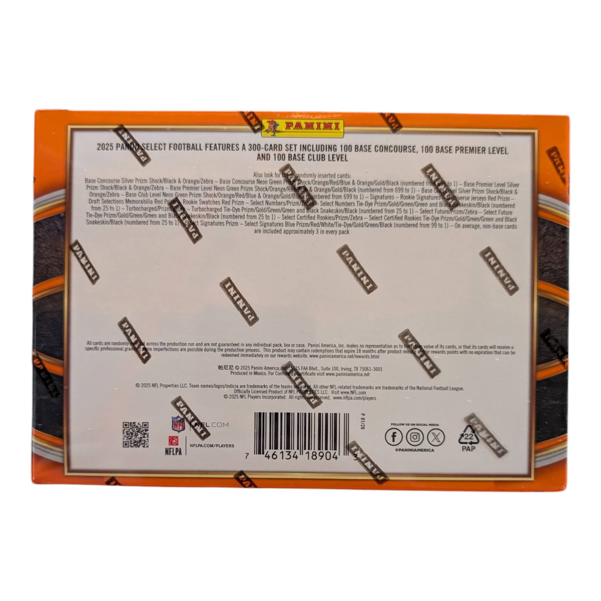 PANINI 2025 PA PARINT SELECT FOOTBALL FEATURES A 300-CARD SET AND 100 BASE CONCOURSE, 100 BASE PREMIER LEVEL, AND 100 BASE CLUB LEVEL. Also randomly inserted cards:

- Base Concourse Silver Prizm Shock/Black & Orange/Zebra
- Base Concourse Neon Green Prizm Shock/Orange/Red/Blue
- Base Concourse Orange/Gold/Black numbered from 251 to 1
- Base Premier Level Silver Prizm Shock/Black & Orange/Zebra
- Base Premier Level Neon Green Prizm Shock/Orange/Red/Blue
- Base Premier Level Orange/Gold/Black numbered from 251 to 1
- Base Club Level Neon Green Prizm Shock/Orange/Red/Blue
- Base Club Level Orange/Gold/Black numbered from 251 to 1

Draft Selections, Memorabilia, Rookie Swatches, Prizm Select Numbers, Prizm Select Numbers, Prizm Select Numbers, Prizm Select Numbers, Prizm Select Numbers, Prizm Select Numbers, Prizm Select Numbers, Prizm Select Numbers,