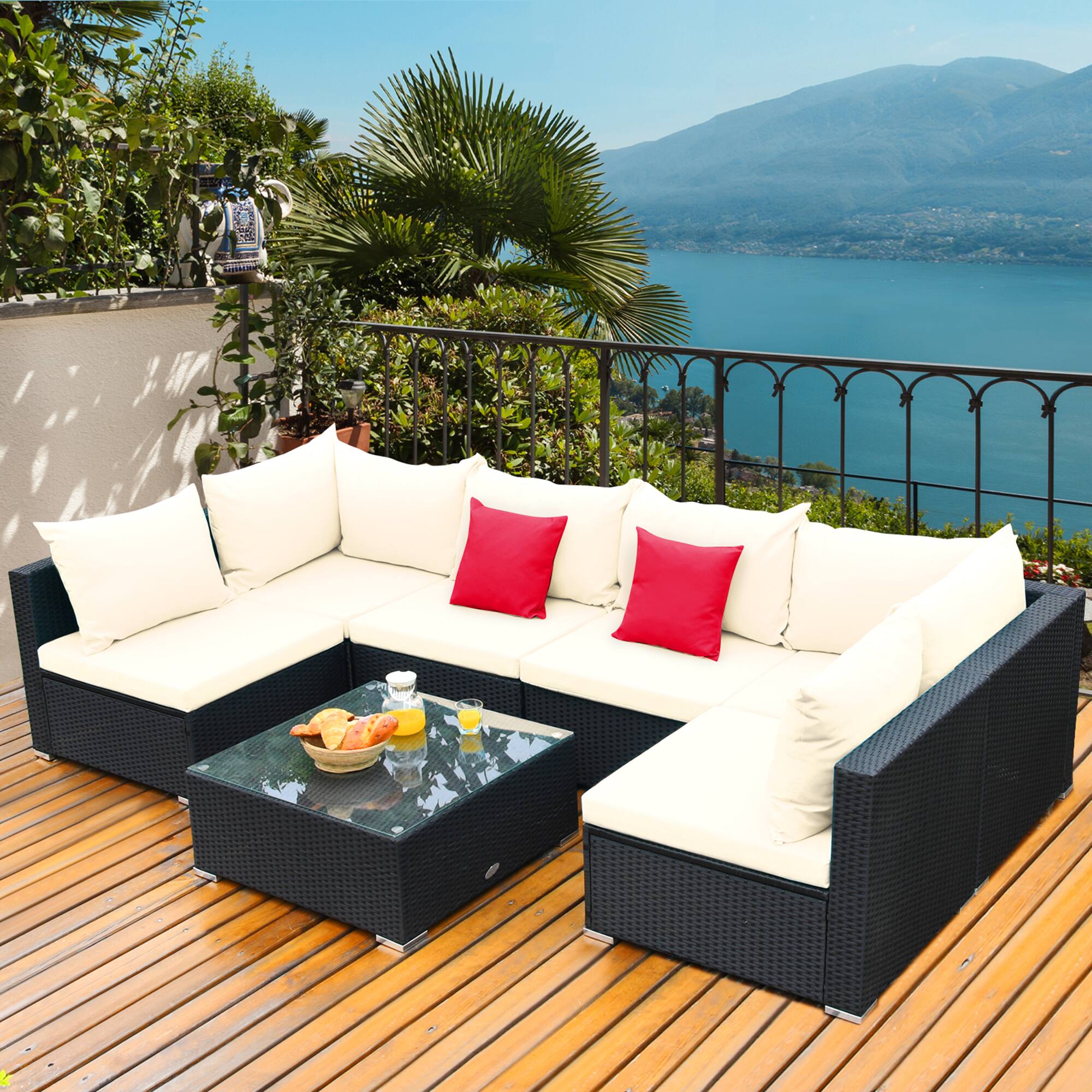 Front. Gymax - Gymax 7PCS Rattan Patio Conversation Sectional Furniture Set w/ Cushion Pillow - White.