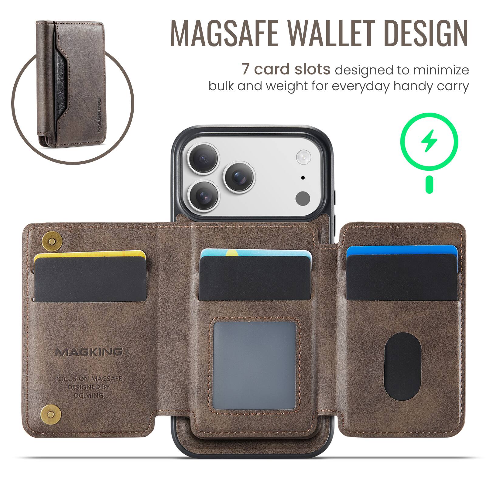 MAGSAFE WALLET DESIGN

7 card slots designed to minimize bulk and weight for everyday handy carry

MAGKING
FOCUS ON MAGSAFE
DESIGNED BY OG.MING