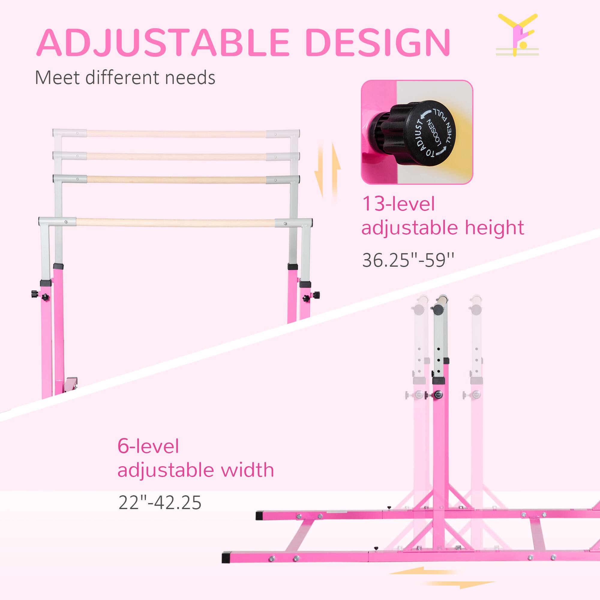 ADJUSTABLE DESIGN  
Meet different needs  

13-level adjustable height  
36.25" - 59"  

6-level adjustable width  
22" - 42.25"