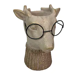 Things2Die4 - Bespectacled Deer Cement Vase 8.7" Gold Accents Knit Scarf Real Wire Glasses - Taupe