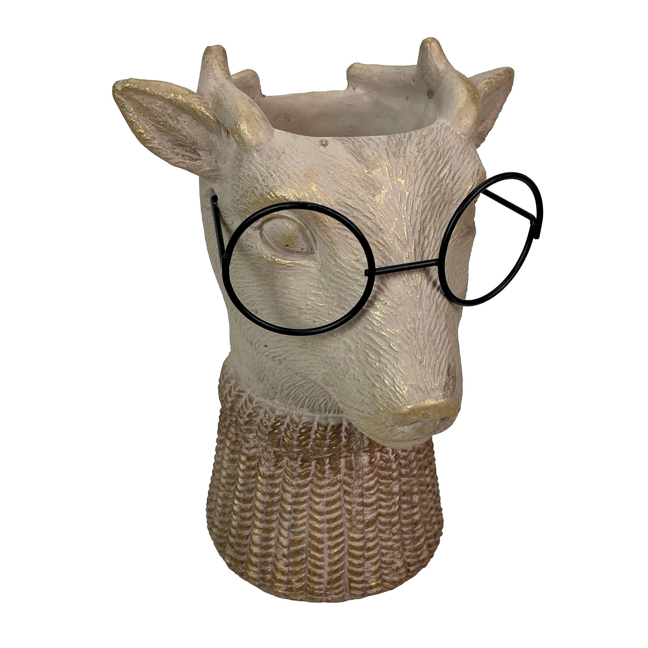 Front. Things2Die4 - Bespectacled Deer Cement Vase 8.7" Gold Accents Knit Scarf Real Wire Glasses - Taupe.