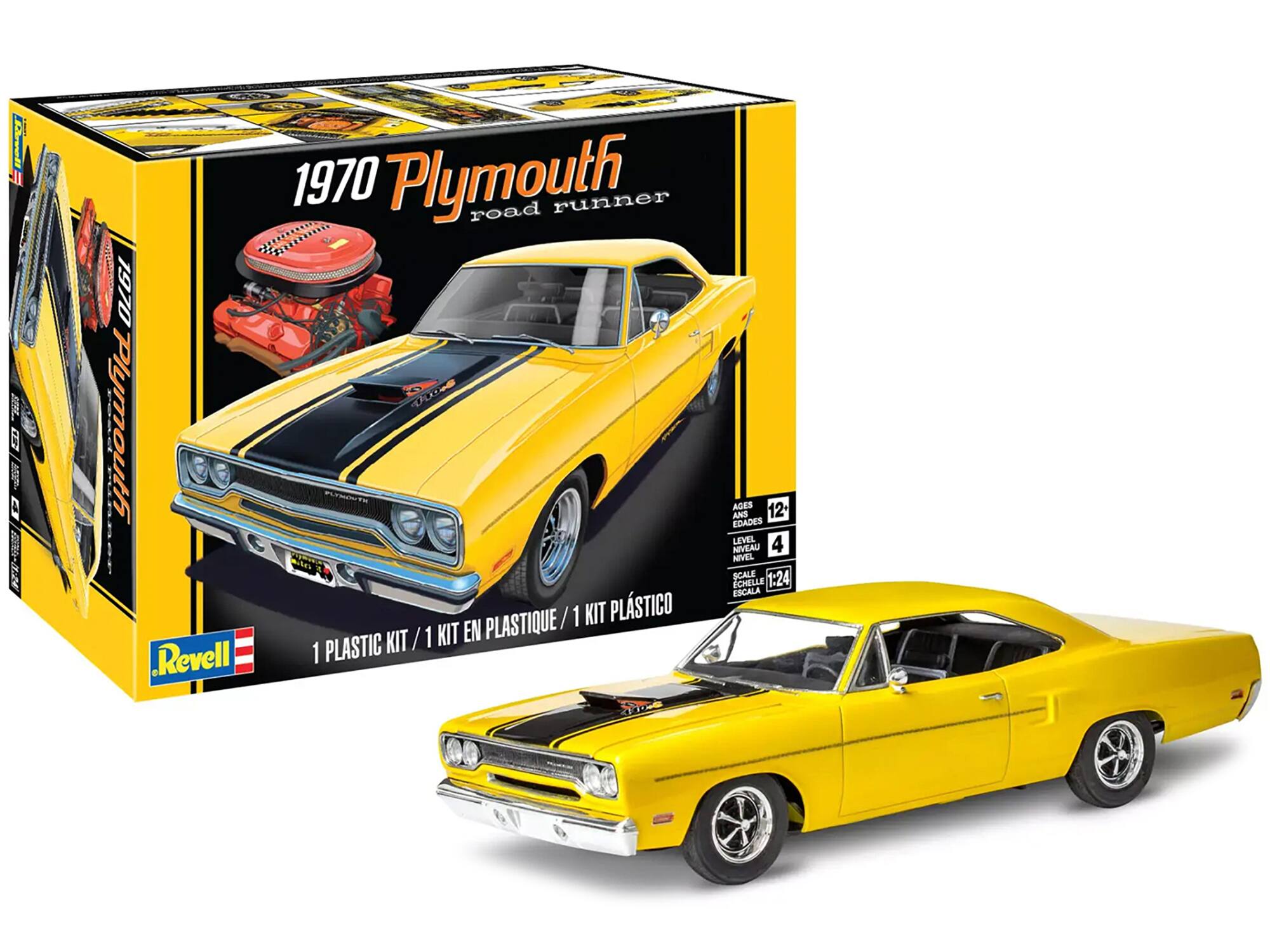 Beall I D A E1  
1970 Plymouth Road Runner  
1970 O Plymouth  
PUSOTS / 1 KIT PLASTICO / 1 KIT / 1 KIT EN PLASTIQUE  
Revell  
1 PLASTIC KIT / 1 KIT EN PLASTIQUE / 1 KIT PLÁSTICO  
AGES 12 ANS / EDAD 12 AÑOS / NIVEAU 4  
SCALE 1:24 / ESCALA 1:24