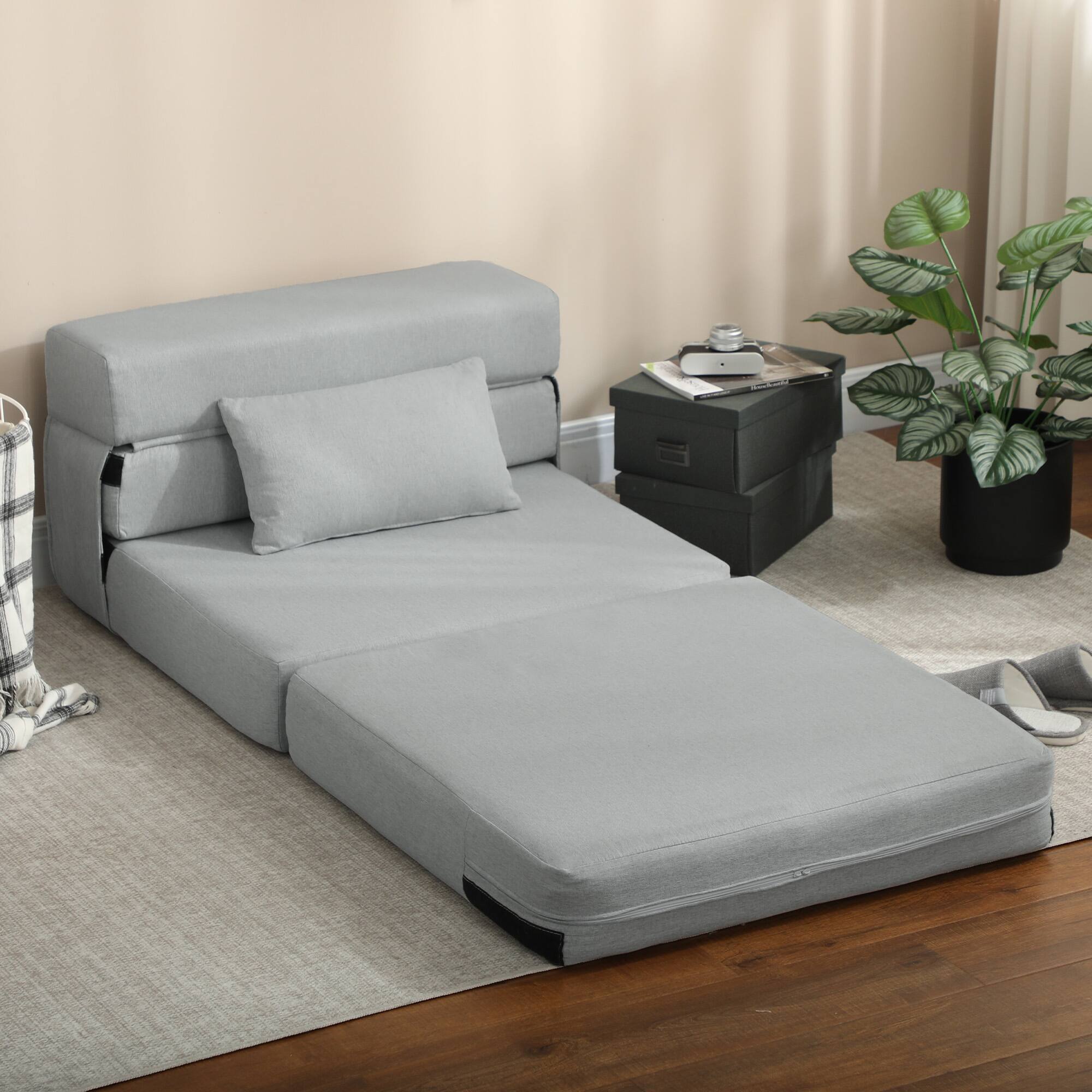 Alt View 7. Homcom - Folding Sofa Bed, Sleeper Chair with Pillow, Modern Linen Convertible, Fold Out Futon - Gray.