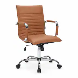LeisureMod - Harris Ergonomic Mid Back Leather Office Chair, Adjustable Height, Tilt & 360° Swivel Computer Task Desk Chair, Home - Light Brown
