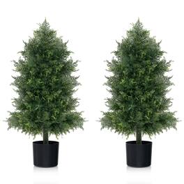 Gymax - 2PCS 31.5'' Artificial Cedar Topiary Tree Faux Indoor Floor Plant w/ Sturdy Trunk - Green, Black
