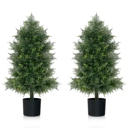 Front. Gymax - Gymax 2PCS 31.5'' Artificial Cedar Topiary Tree Faux Indoor Floor Plant w/ Sturdy Trunk - Green, Black.