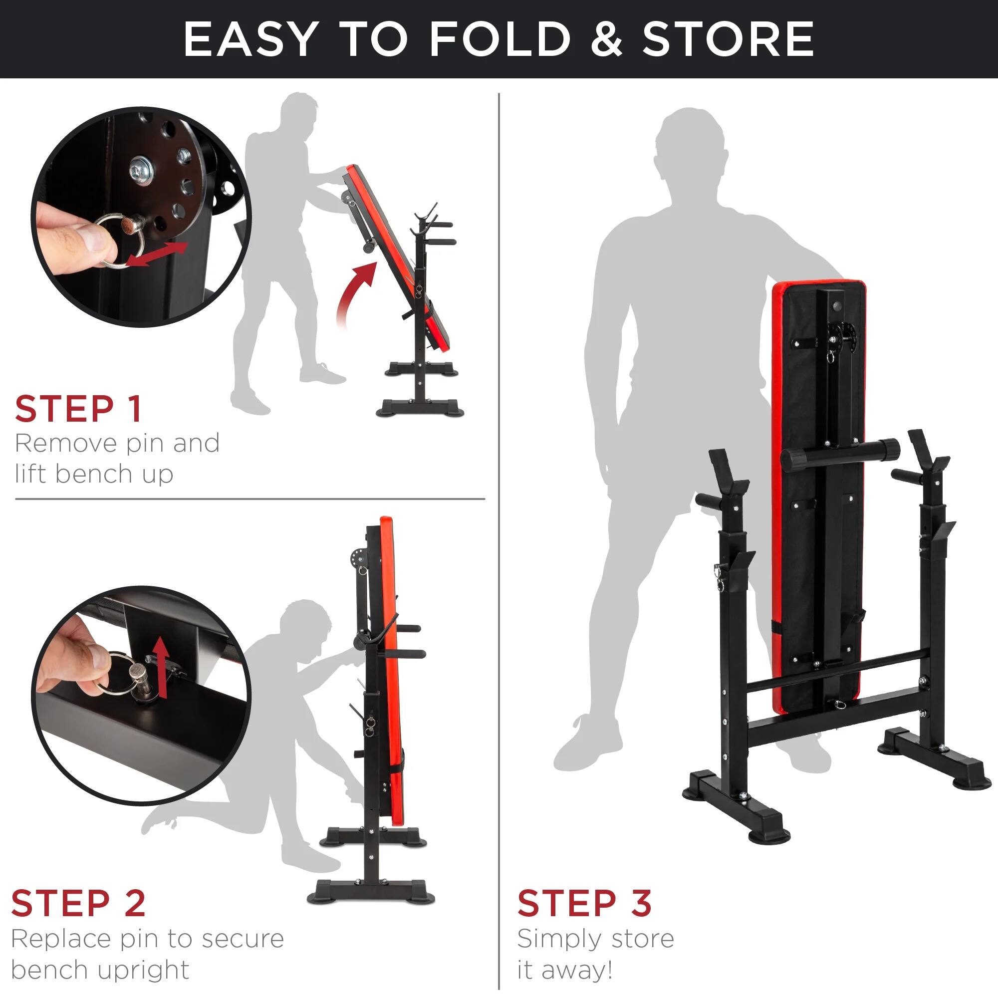 EASY TO FOLD & STORE

STEP 1: Remove pin and lift bench up

STEP 2: Replace pin to secure bench upright

STEP 3: Simply store it away!
