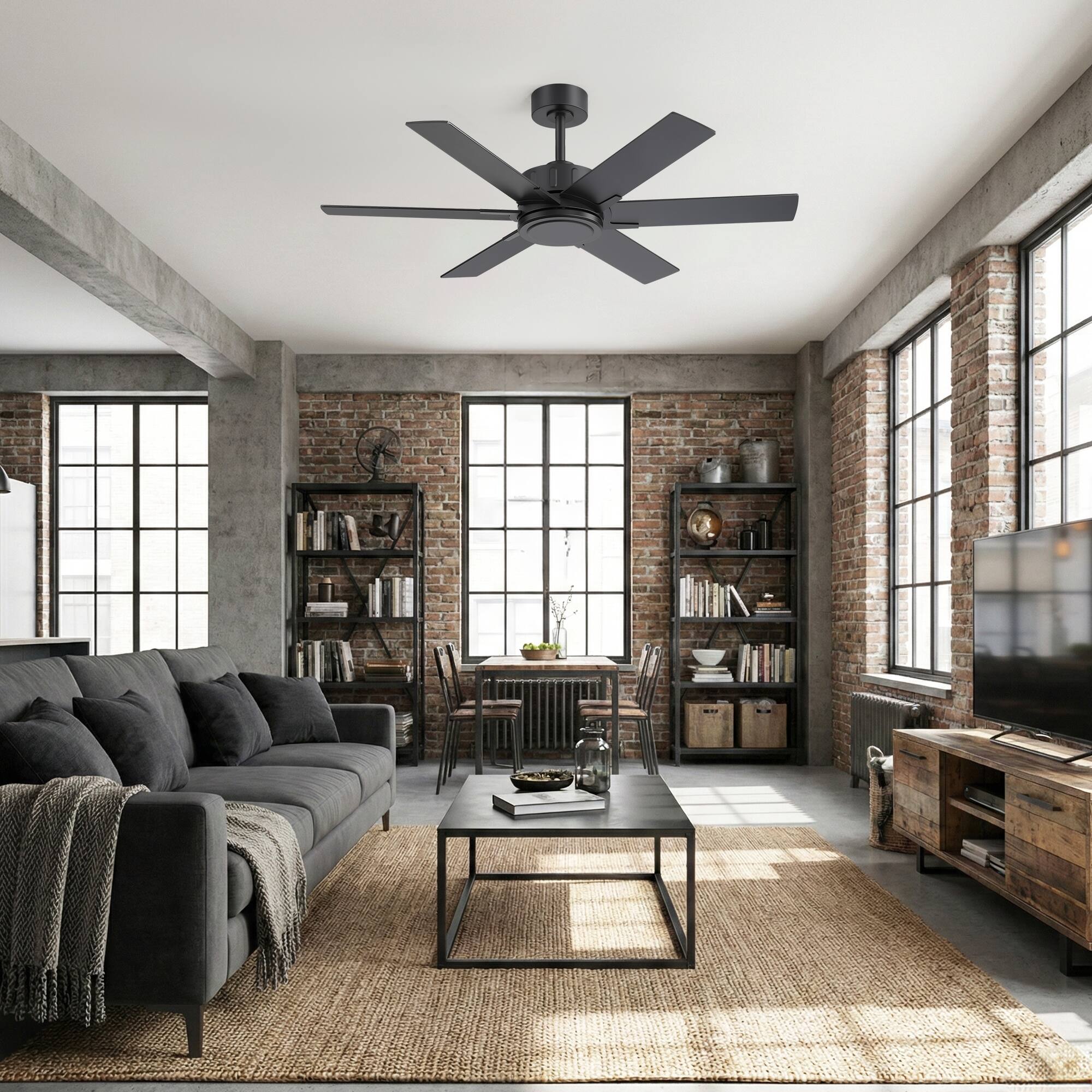 Left. Breezary - 48-Inch Modern Versatile Ceiling Fan with 6 Plywood Blades, DC Motor, 6-Speed Remote, Timer, Downrod Mount - 48-Inch Black and Walnut.