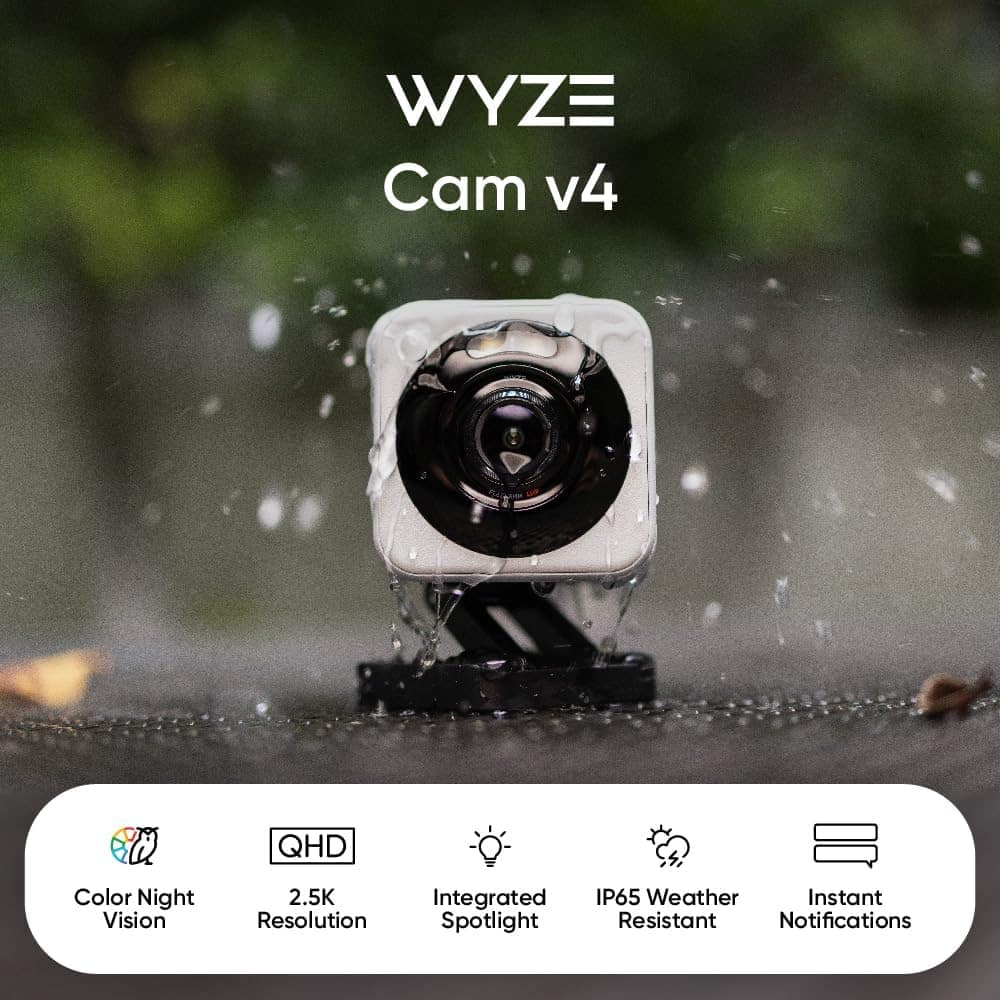 Wyze Cam v4 is a camera that offers QHD 2.5K resolution, integrated spotlight, and IP65 weather resistance. It also has instant notifications and color night vision.