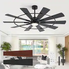 Breezary - 62-In LED Ceiling Fan with Light, 10 Plywood Blades, 6-Speed DC Motor, Remote, Dimmable 3CCT, 6/12-In Downrods - 62-Inch Black