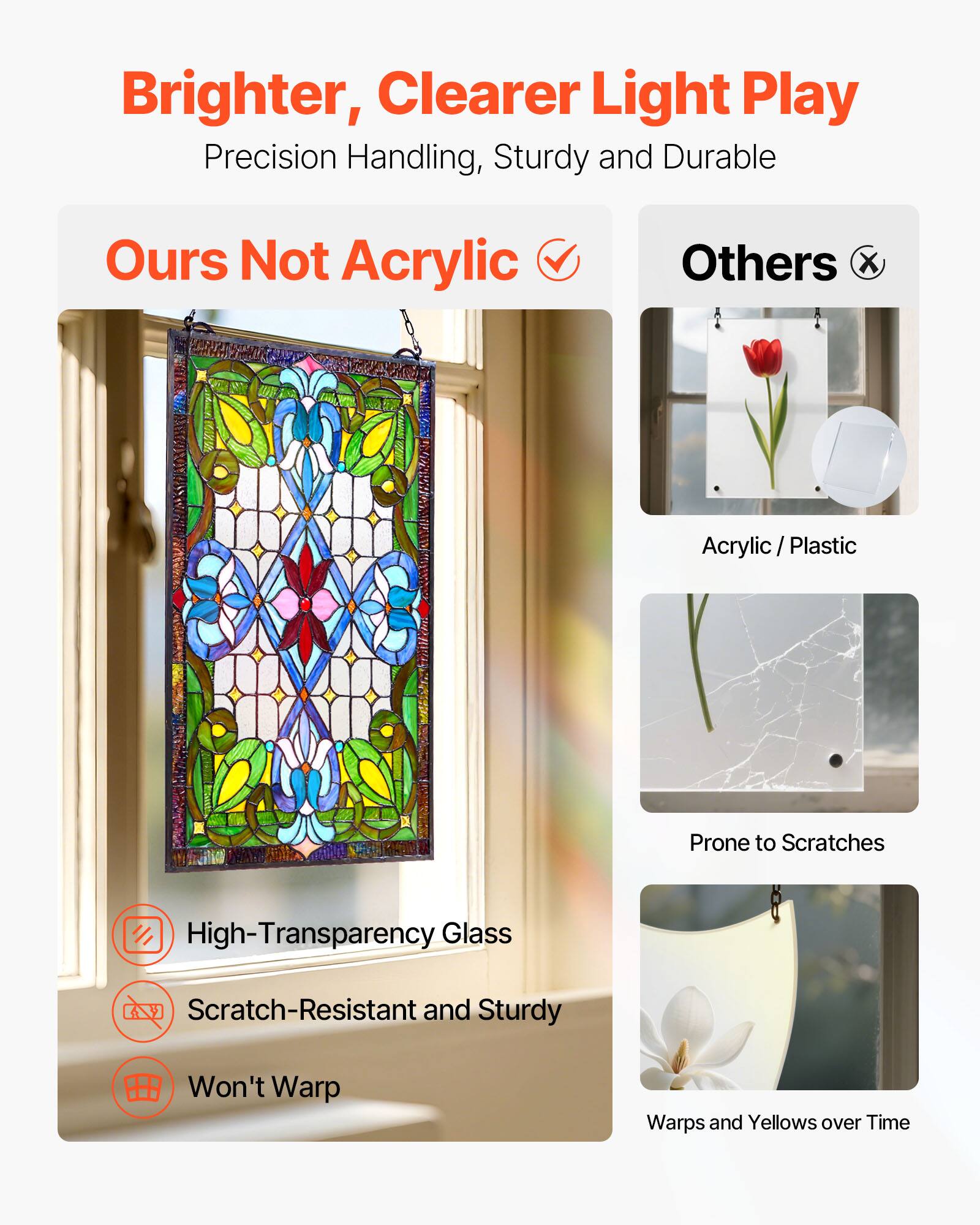Brighter, Clearer Light Play  
Precision Handling, Sturdy and Durable  

Ours Not Acrylic  
High-Transparency Glass  
Scratch-Resistant and Sturdy  
Won't Warp  

Others  
Acrylic / Plastic  
Prone to Scratches  
Warps and Yellows over Time