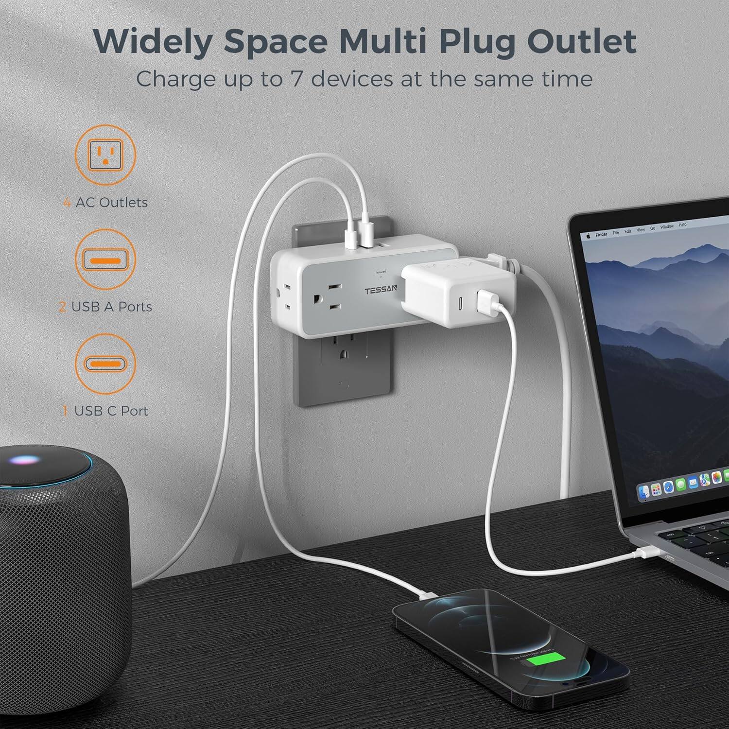 Widely Space Multi Plug Outlet  
Charge up to 7 devices at the same time  

- 4 AC Outlets  
- 2 USB A Ports  
- 1 USB C Port