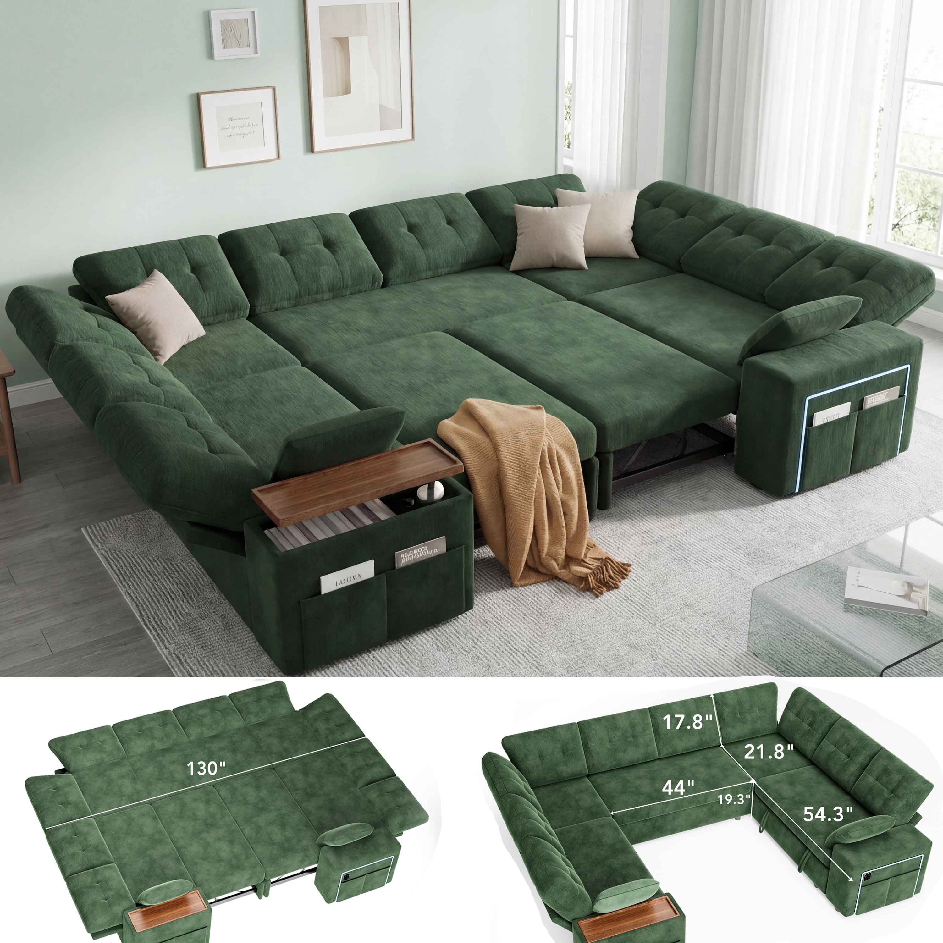 Dyonery - 8 Seat Modular Sectional Sleeper Sofa,Pull-Out Bed, Reclining Backrest, USB Ports, Side Table, Green - Green