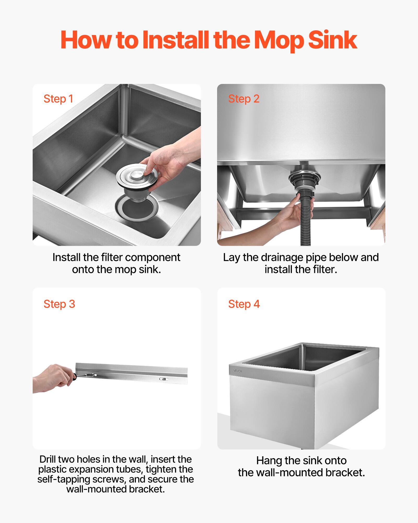 Stainless Steel Floor Mop Sink,22x19x12in,304Stainless Steel,with