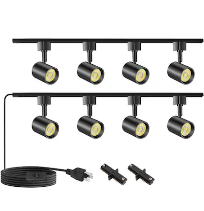 Front. Dazzed Corner - 8 Light Plug-in Track Lighting Kit with Remote, H-Type Track Rails, Dimmable Ceiling Spotlights - Black.