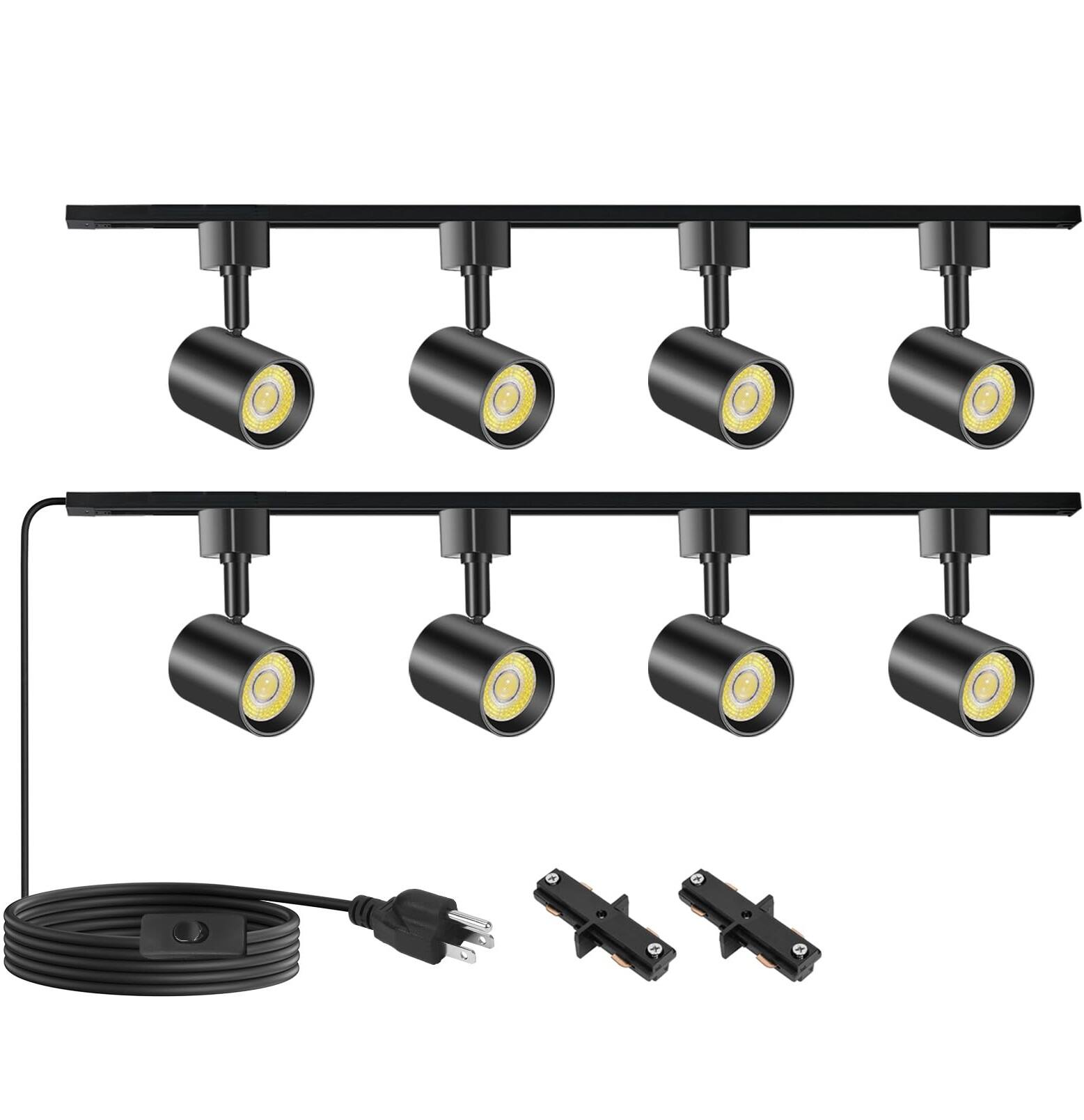 Dazzed Corner - 8 Light Plug-in Track Lighting Kit with Remote, H-Type Track Rails, Dimmable Ceiling Spotlights - Black