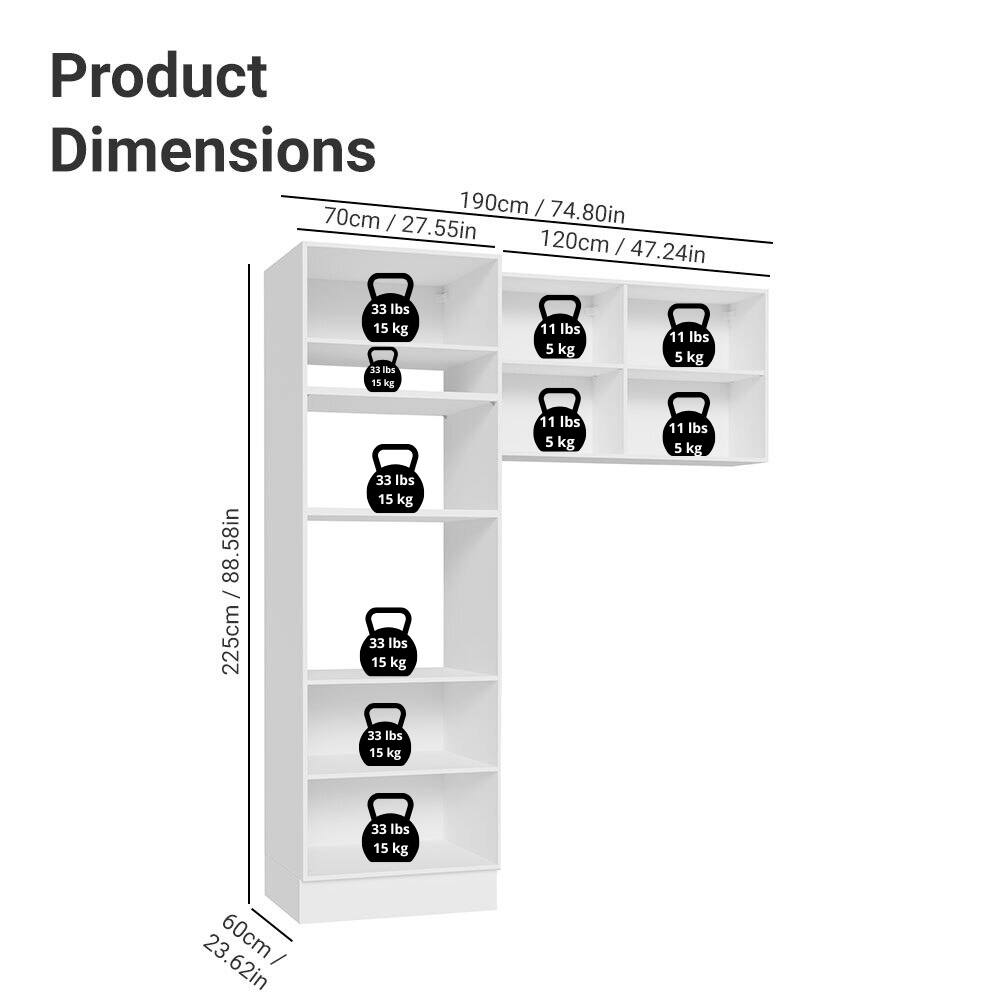 Product Dimensions

- 190cm / 74.80in
- 70cm / 27.55in
- 120cm / 47.24in
- 225cm / 88.58in
- 60cm / 23.62in

Weight Capacity:

- 33 lbs / 15 kg
- 11 lbs / 5 kg