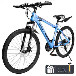Topteng - 26" Mountain Bike for Adult - 27-Speed, High-Carbon Steel, Suspension Fork, Dual Disc Brakes for Men/Women - Blue