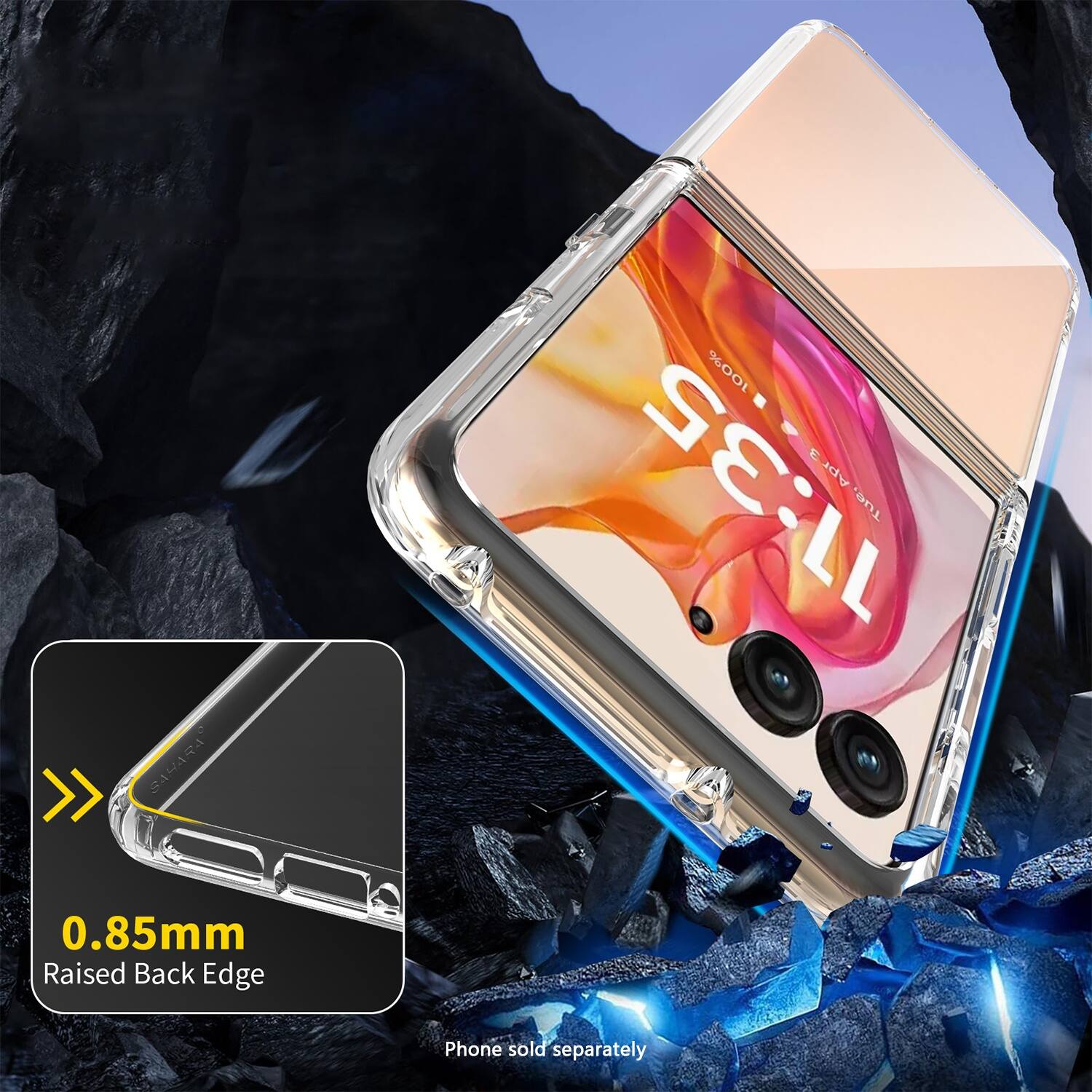 The image features a cell phone with a raised back edge, which is advertised as being 100% Samara. The phone is being sold separately, and the image also shows the back of the phone, highlighting its unique design.