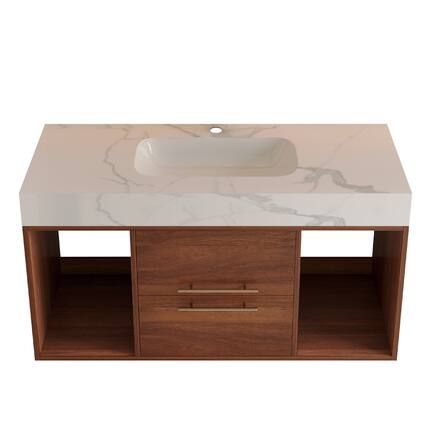 Front. Boyel Living - 39.4 In Floating Bathroom Vanity Oval Ceramic Sink Solid Wood Soft Close Drawers - Walnut.