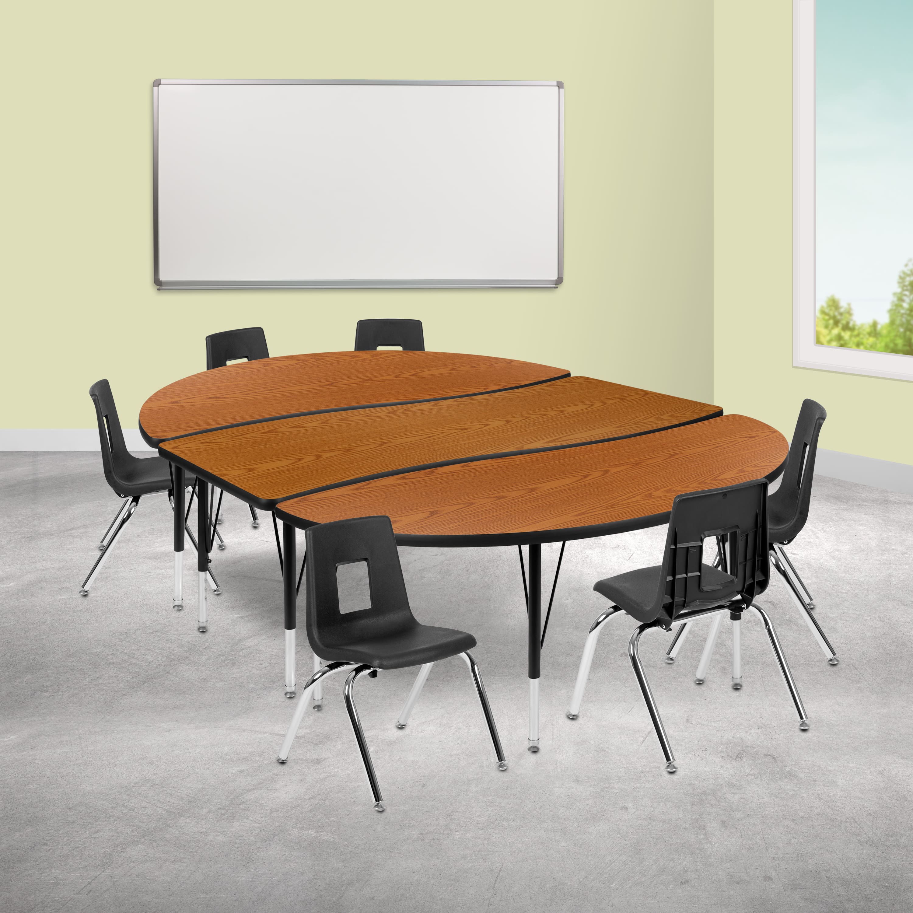 "Emma + Oliver - 86"" Oval Wave Collaborative Laminate Activity Table Set with 14"" Student Stack Chairs, Grey/Black - Oak" price history on PriceWatchPro