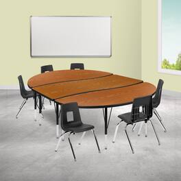 Emma + Oliver - 86" Oval Wave Collaborative Laminate Activity Table Set with 14" Student Stack Chairs, Grey/Black - Oak