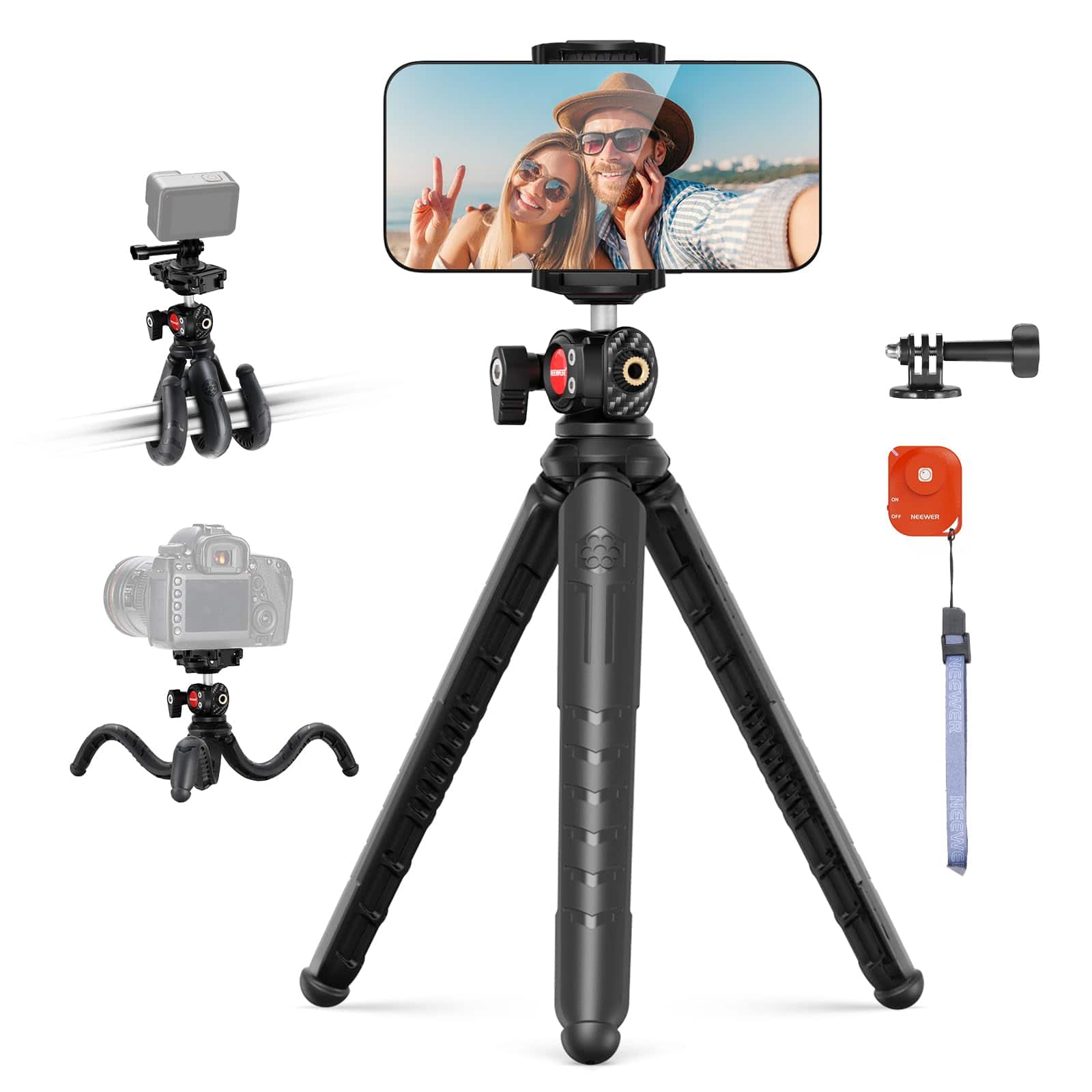 Neewer - Flexible Phone Tripod & Selfie Stick with Remote, Phone Holder & Action Cam Adapter for iPhone, GoPro