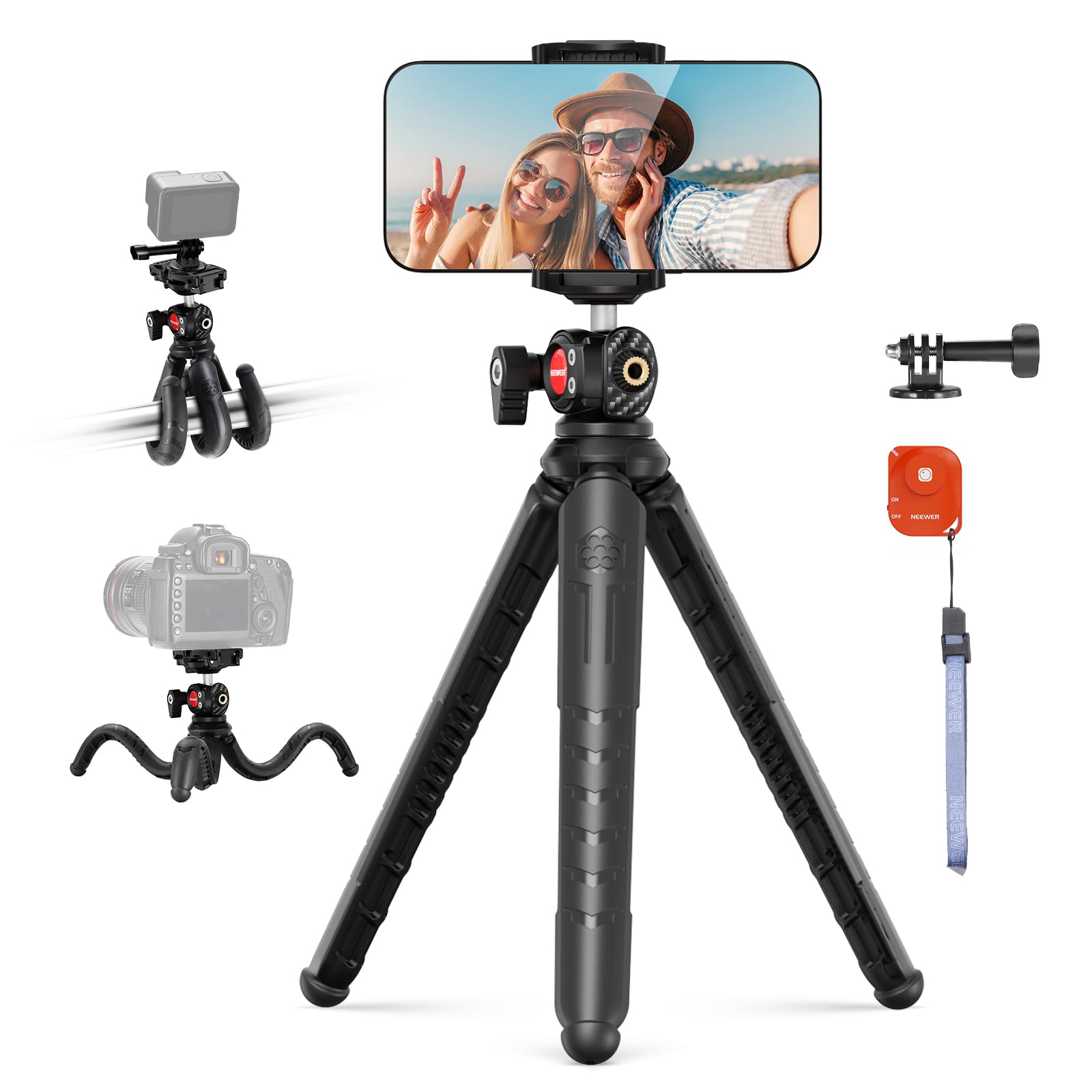 Neewer - Flexible Phone Tripod & Selfie Stick with Remote, Phone Holder & Action Cam Adapter for iPhone, GoPro