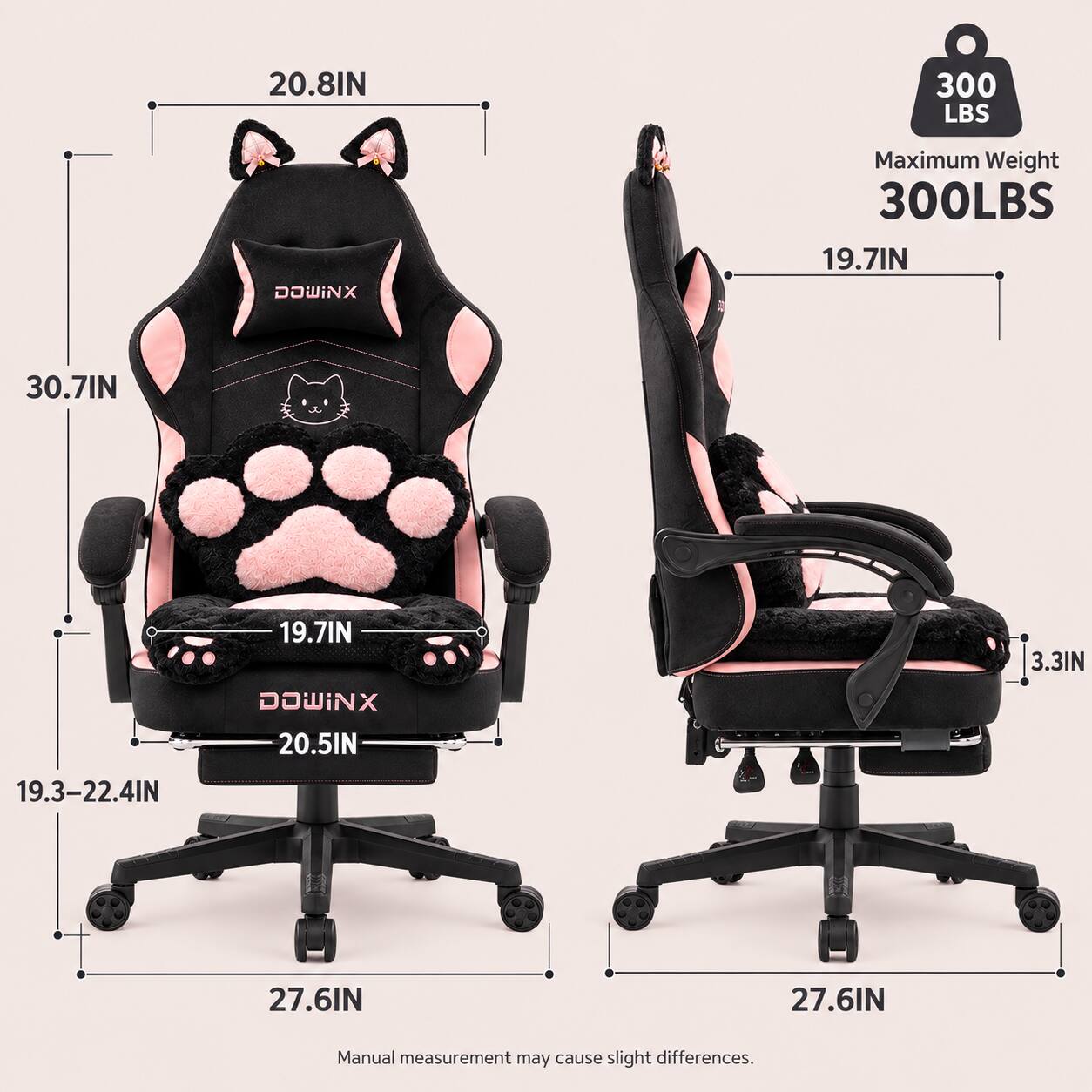 Dowinx Cute Gaming Chair with Cat Ears and Paw Lumbar Seat Cushion