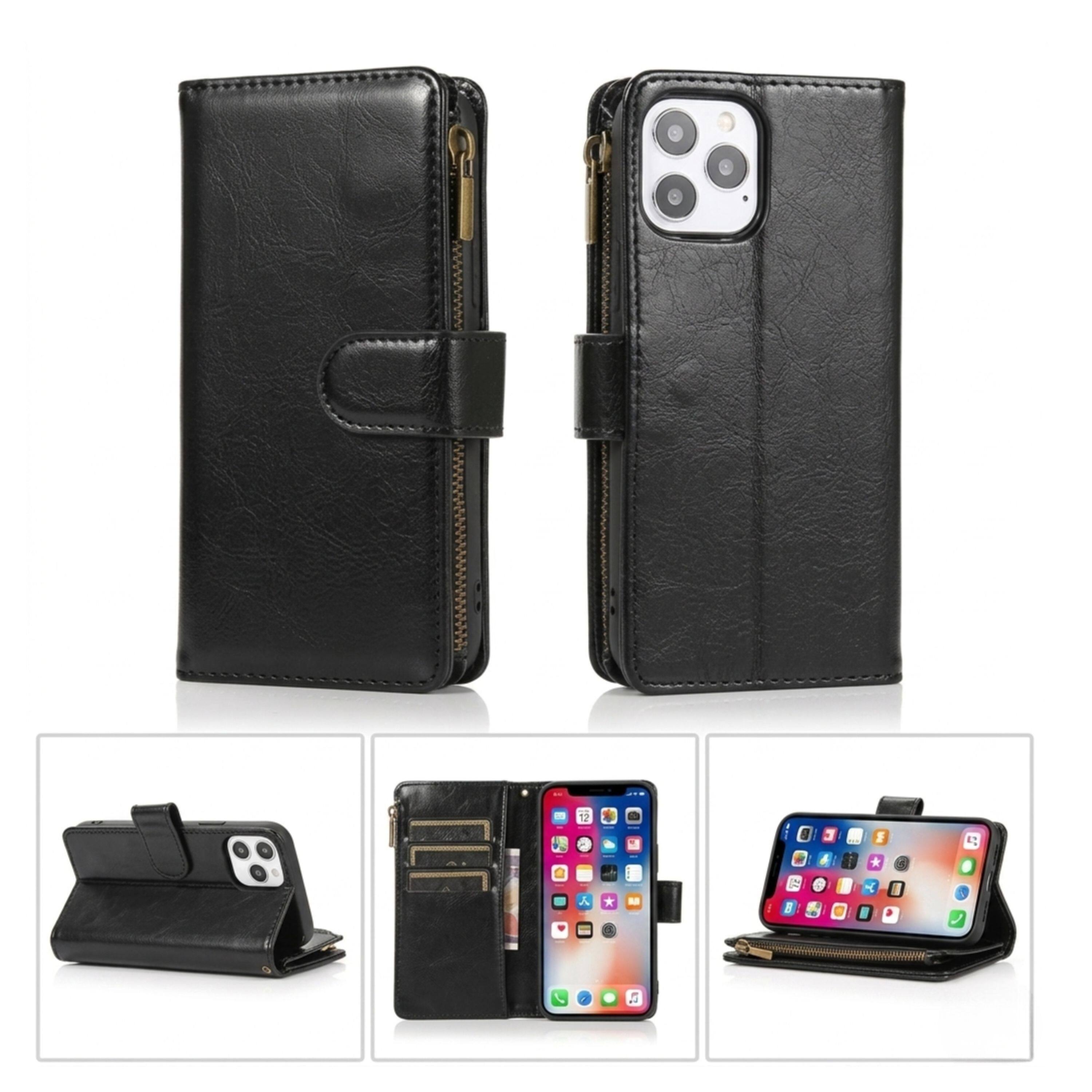 Angle. Kitcheniva - PU Leather Phone Wallet Zipper With Tempered Glass For iPhone 12/12 Pro Black - Black.