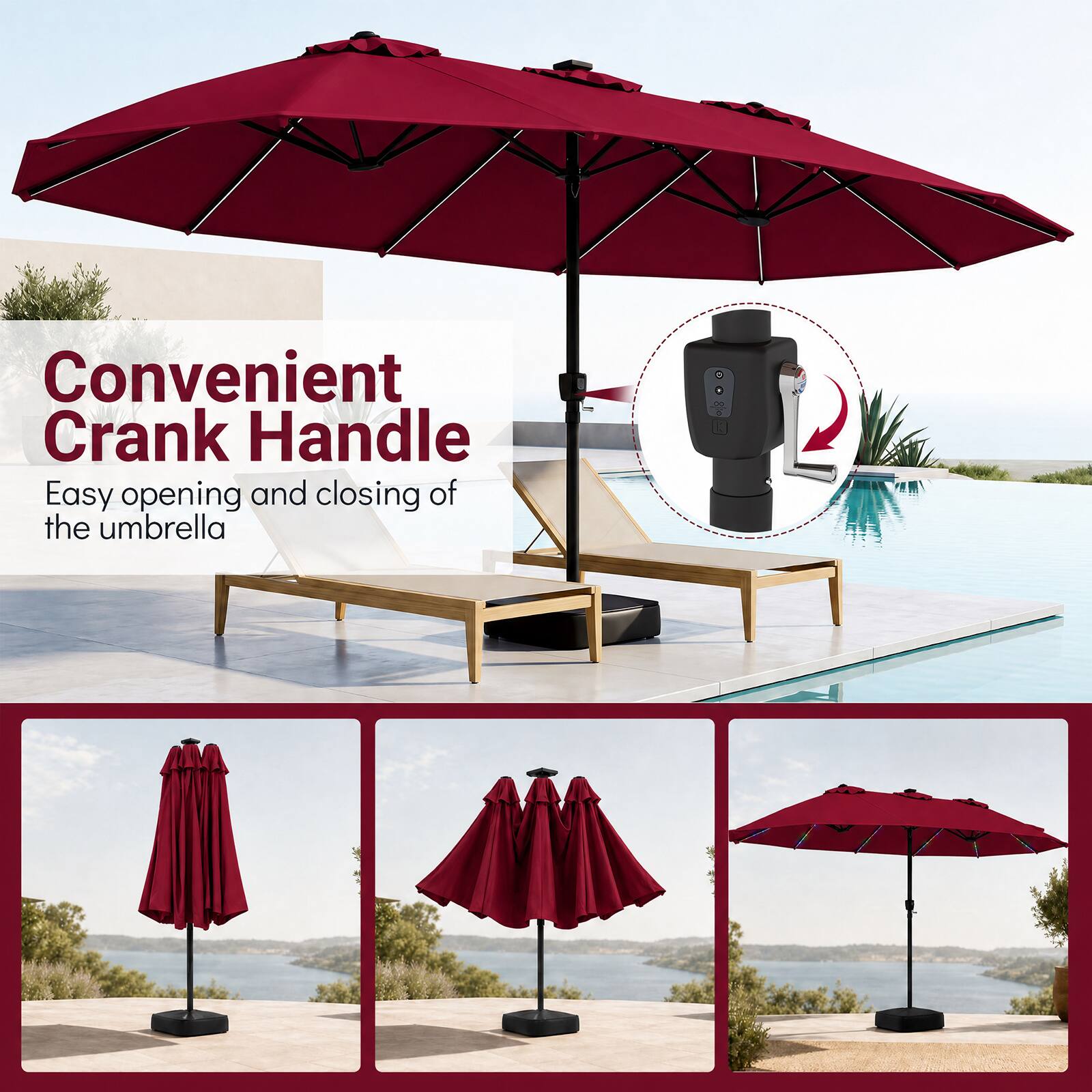 Convenient Crank Handle  
Easy opening and closing of the umbrella