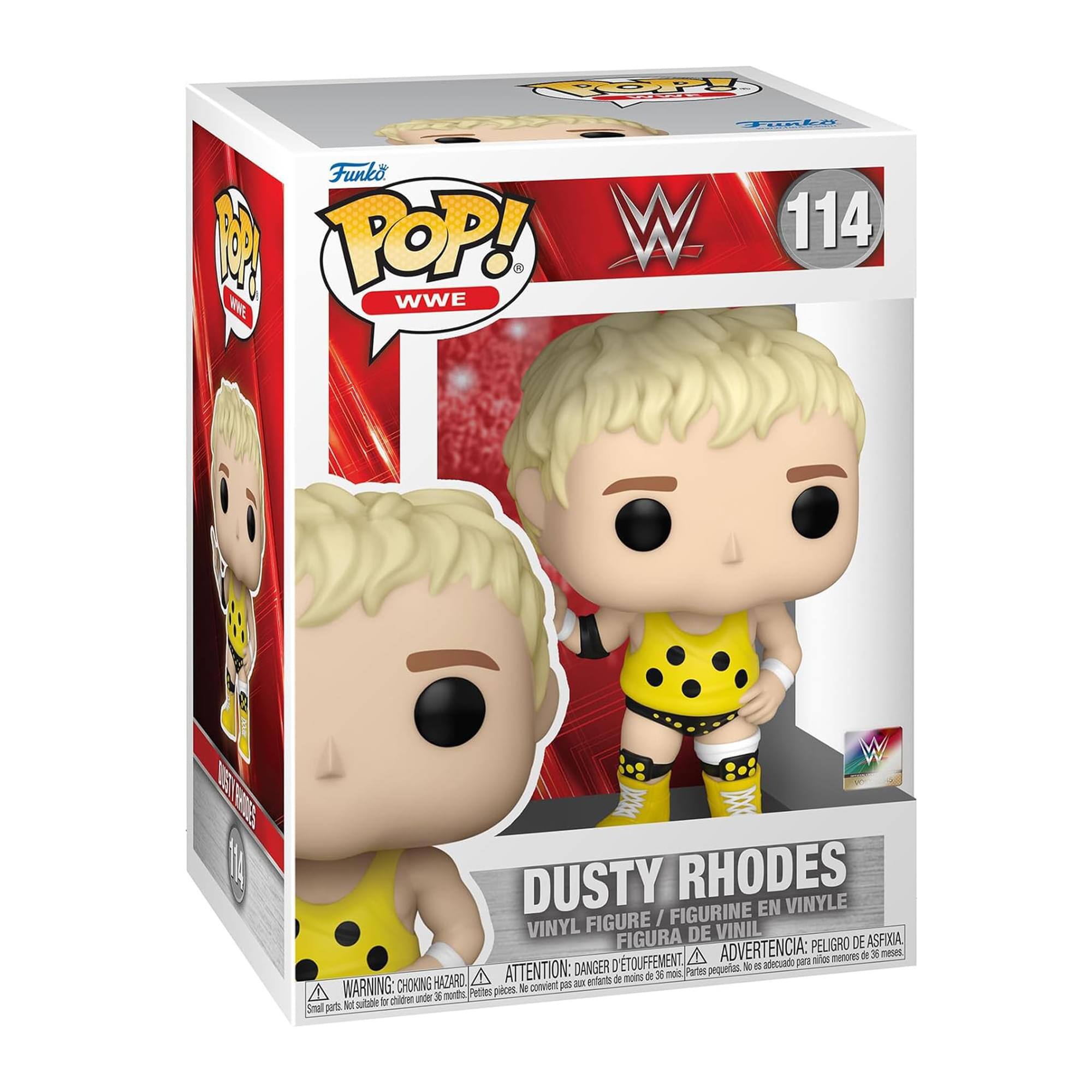Sure, here is the corrected and grouped text from the image:

---

**Front:**
- Funko POP! WWE
- 114
- DUSTY RHODES
- VINYL FIGURE / FIGURINE EN VINYLE / FIGURA DE VINIL
- WARNING: CHOKING HAZARD - Small parts. Not for children under 3 years. / ATTENTION: PELIGRO DE ASFIXIA - Piezas pequeñas. No es adecuado para menores de 3 años. / ADVERTENCIA: DANGER - ÉTOUFFEMENT - Petite pièce. Ne convient pas aux enfants de moins de 3 ans.

**Side:**
- Funko POP! WWE
- 114

**Bottom:**
- WARNING: CHOKING HAZARD - Small parts. Not for children under 3 years. / ATTENTION: PELIGRO DE ASFIXIA - Piezas pequeñas. No es adecuado para menores de 3 años. / ADVERTENCIA: DANGER - ÉTOUFFEMENT - Petite pièce. Ne convient pas aux enfants de moins de 3 ans.

---