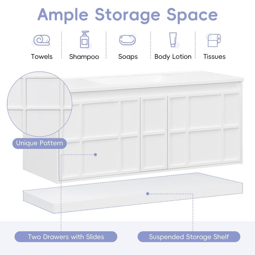 Ample Storage Space  
Towels  
Shampoo  
Soaps  
Body Lotion  
Tissues  
Unique Pattern  
Two Drawers with Slides  
Suspended Storage Shelf