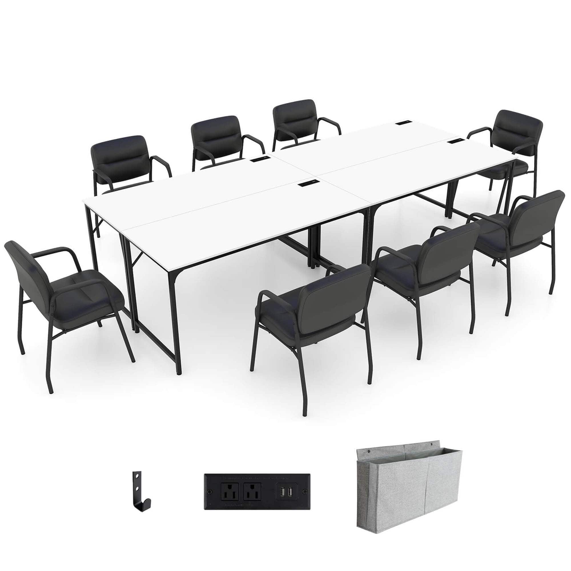 Costway - Set of 4 Meeting Room Desk with Charging Station & Headphone Hook Metal Frame - Rustic Brown,Black