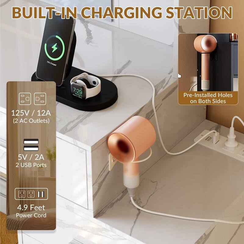 BUILT-IN CHARGING STATION

- 125V / 12A (2 AC Outlets)
- 5V / 2A (2 USB Ports)
- 4.9 Feet Power Cord
- Pre-Installed Holes on Both Sides