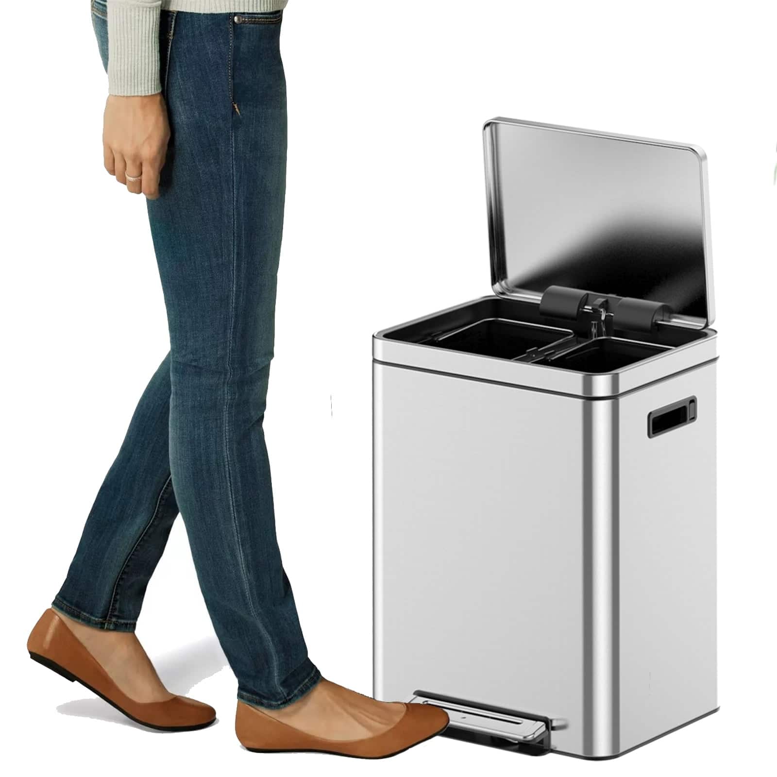 Homhougo - Dual Trash Can With Recycle Bin, Brushed Stainless Steel Garbage Can with Soft-Close Lid - 18L*2