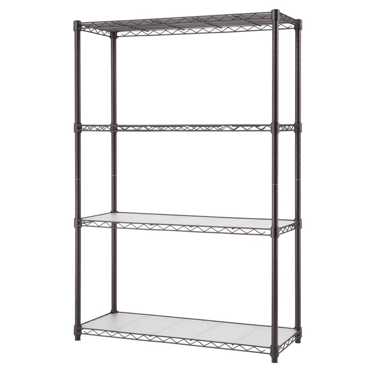 Left. TRINITY - 4-Tier 36x14x54 Commercial Wire Shelving NSF w/Liners Dark Bronze - Dark Bronze.