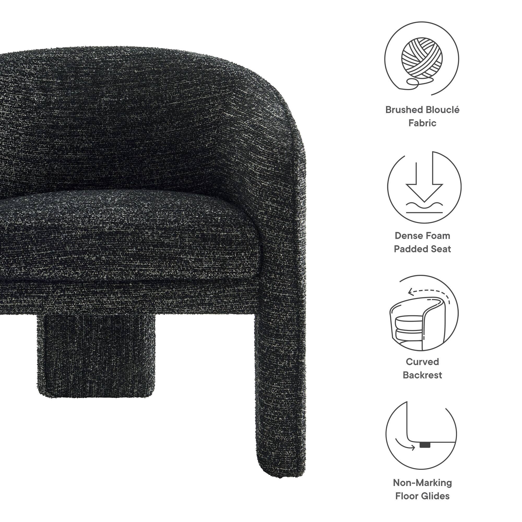 - Brushed Bouclé Fabric
- Dense Foam Padded Seat
- Curved Backrest
- Non-Marking Floor Glides
