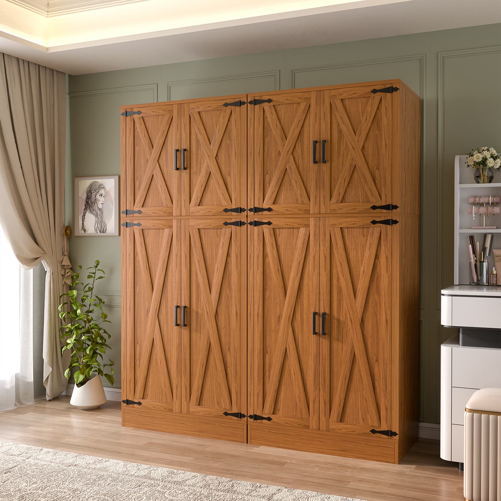 Aheaplus - 71'' Farmhouse Wardrobe Armoire with Hanging Rod and Adjustable Shelves, Wood Finish, 2 Packs - Cherry Red