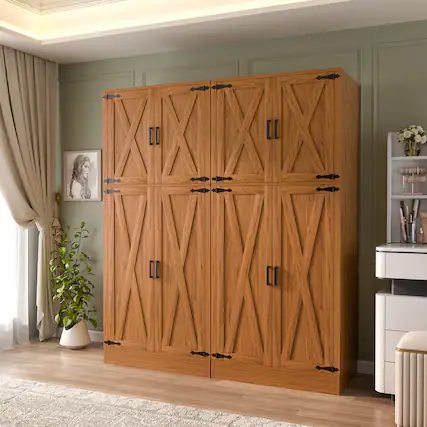 Front. Aheaplus - 71'' Farmhouse Wardrobe Armoire with Hanging Rod and Adjustable Shelves, Wood Finish, 2 Packs - Cherry Red.