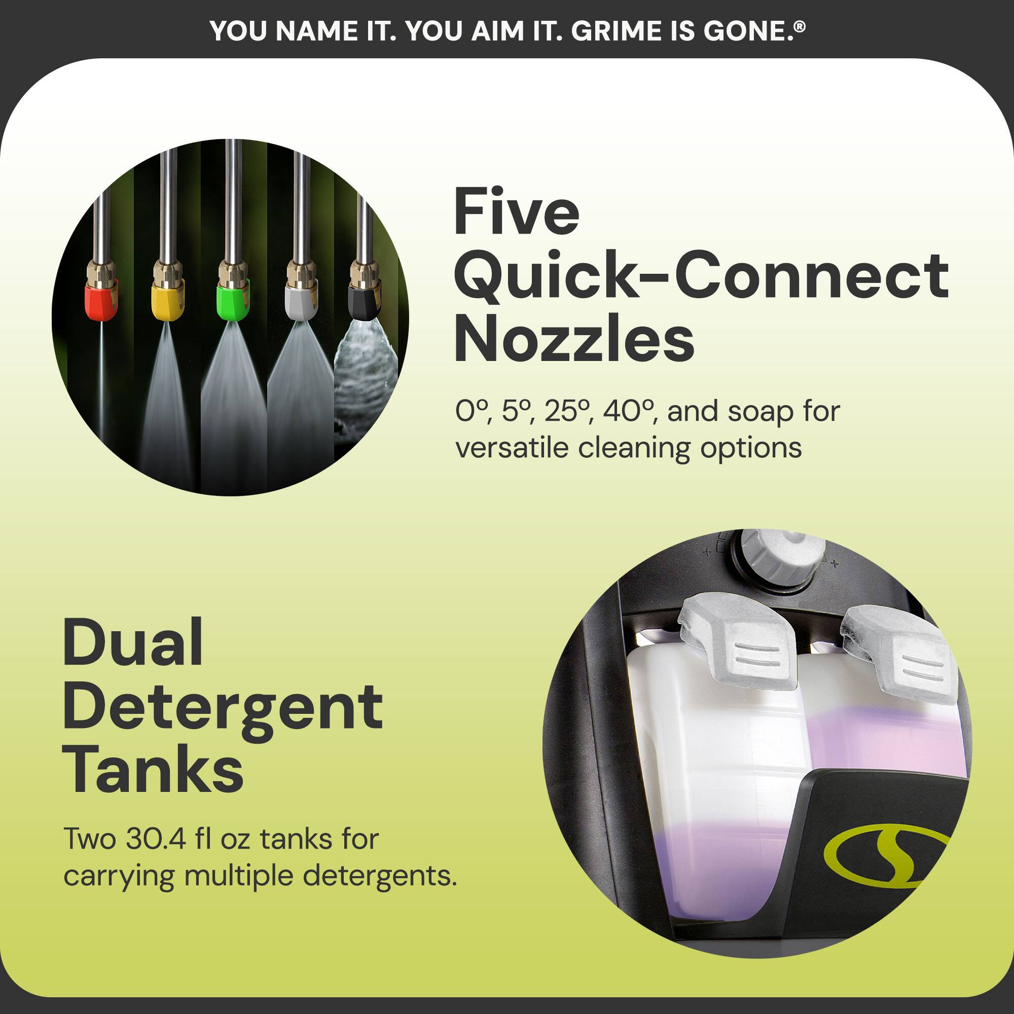 YOU NAME IT. YOU AIM IT. GRIME IS GONE.

Five Quick-Connect Nozzles  
0°, 5°, 25°, 40°, and soap for versatile cleaning options

Dual Detergent Tanks  
Two 30.4 fl oz tanks for carrying multiple detergents.